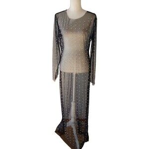 Mesh Pearl Dress Sheer Black 2X 3X Long Sleeve Embellished Gothic Glam Costume
